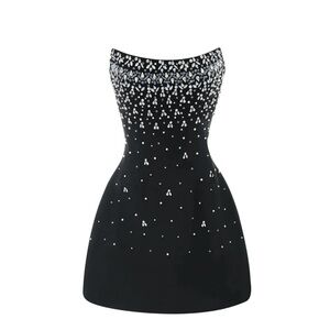 Elegant Strapless Black Dress with Silver Details